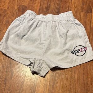 Women's White Pajama Shorts with grey stripes and Pink Logo